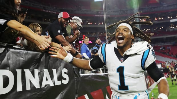 Carolina Panthers quarterback Cam Newton (1) celebrates after beating the Arizona Cardinals 34-10 at State Farm Stadium in Glendale, Arizona, on Nov. 14, 2021.

Nfl Cardinals Vs Panthers Carolina Panthers At Arizona Cardinals